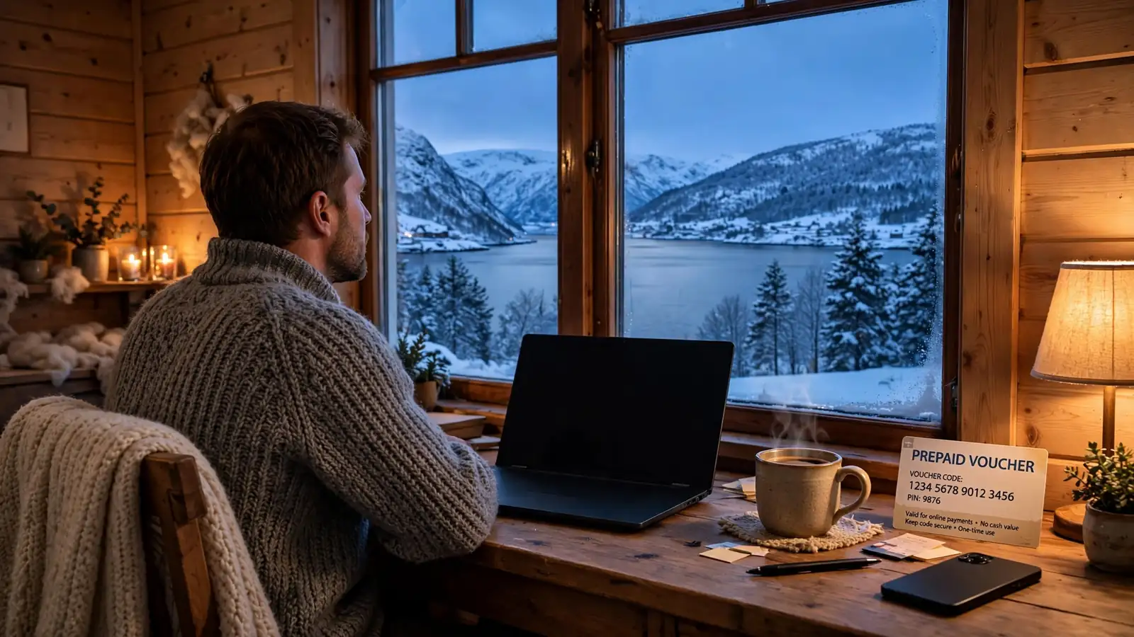 Person ved skrivebord med Neosurf-kupong og laptop i norsk vinterstue