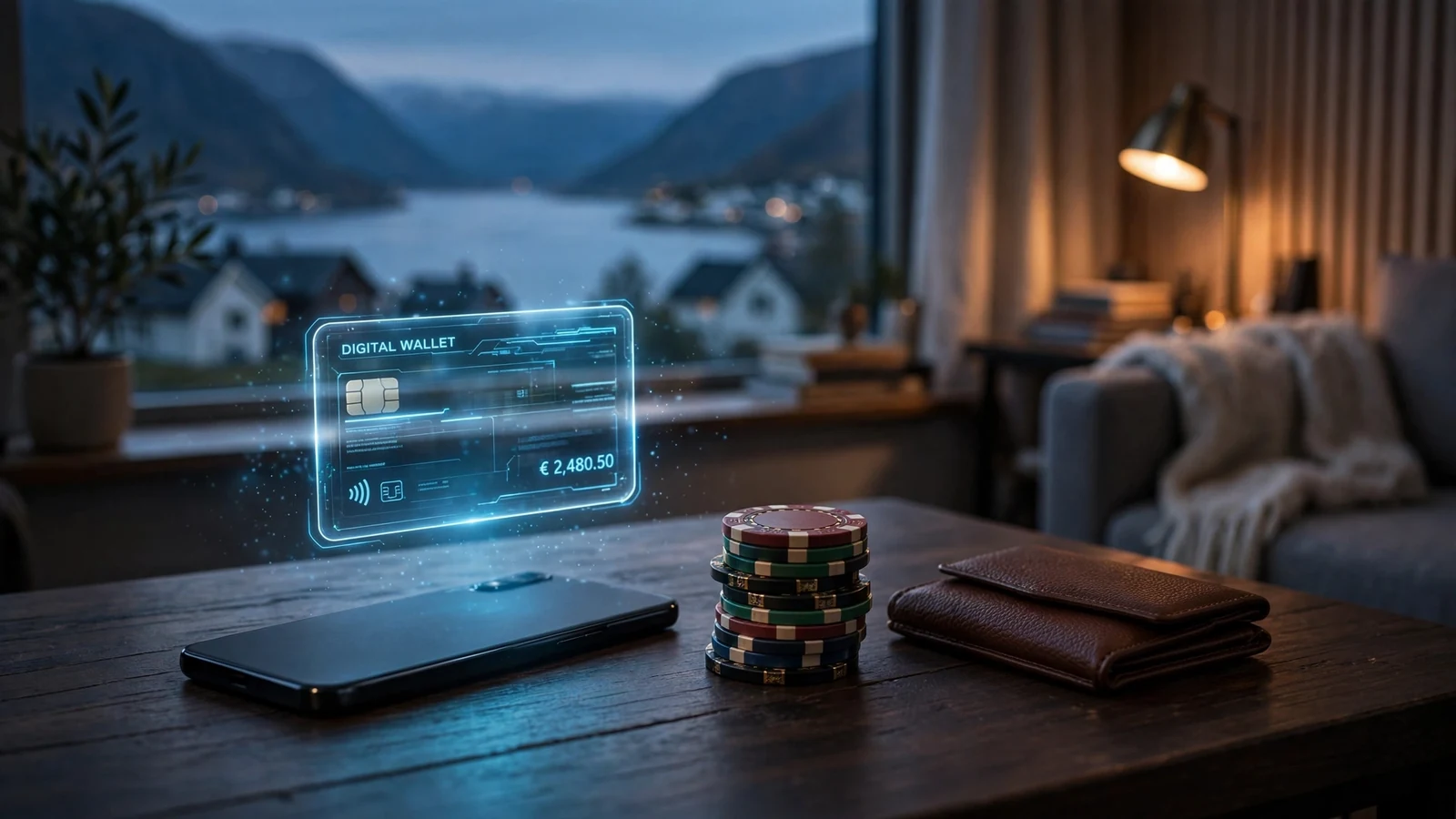 Smarttelefon med digital lommebok ved siden av casinobrikker