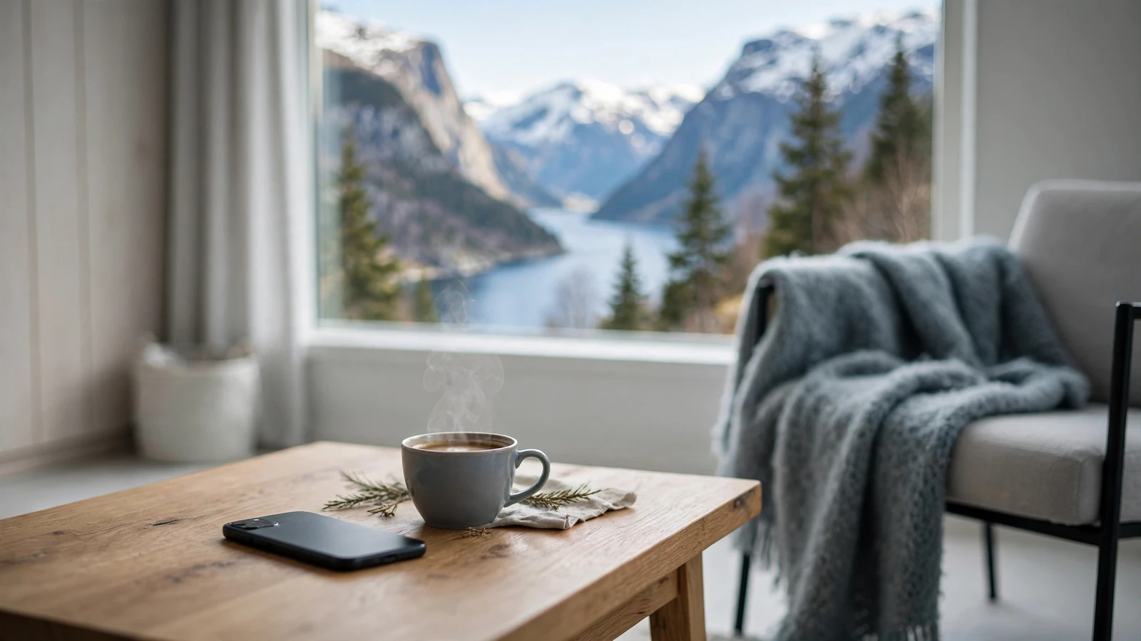 Moderne norsk stue med utsikt over fjord, telefon vendt ned på bordet