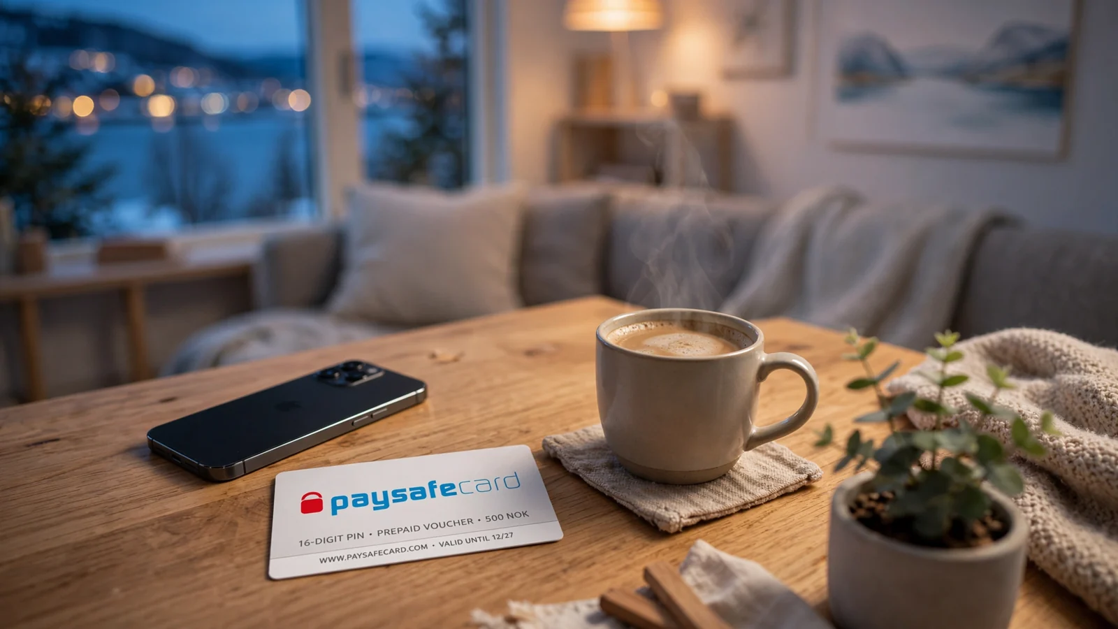 Norsk stue med Paysafecard-kupong og telefon på bordet