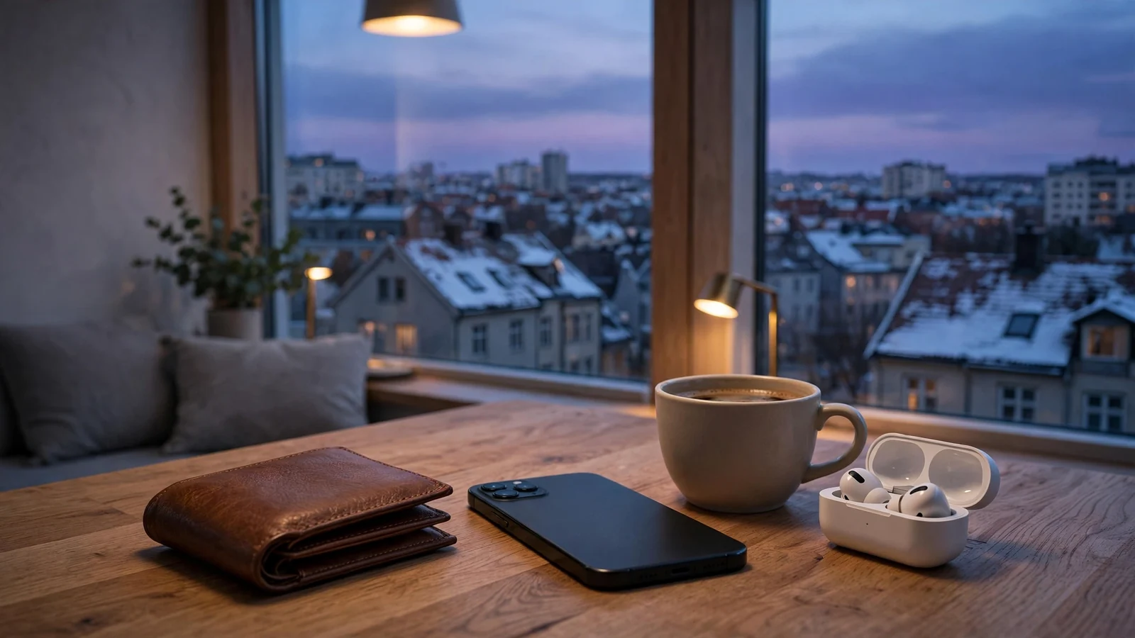 Norsk moderne stue ved skumring med lommebok og telefon på bordet