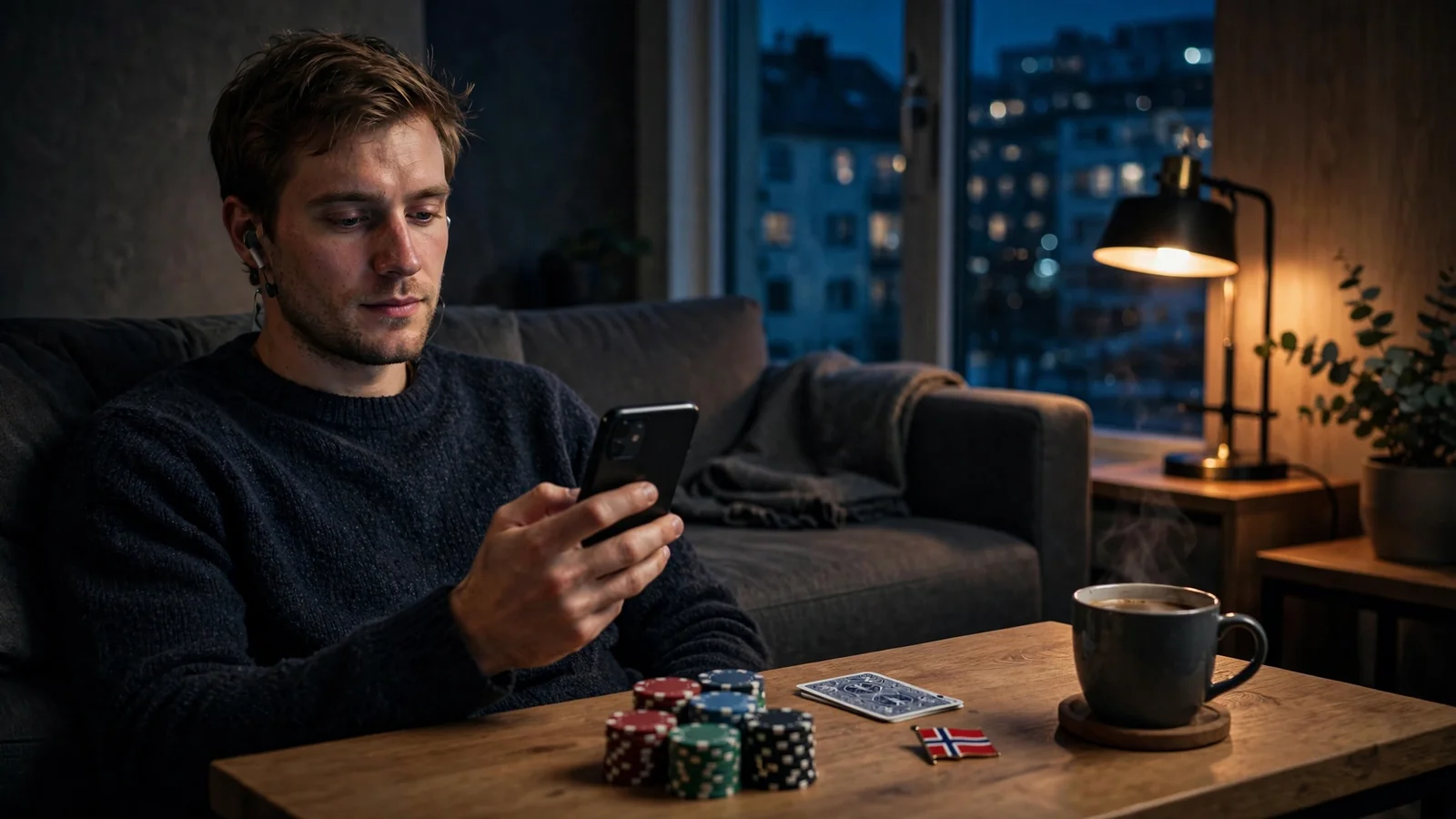 Person i stue med telefon, casinobrikker og kort på bordet