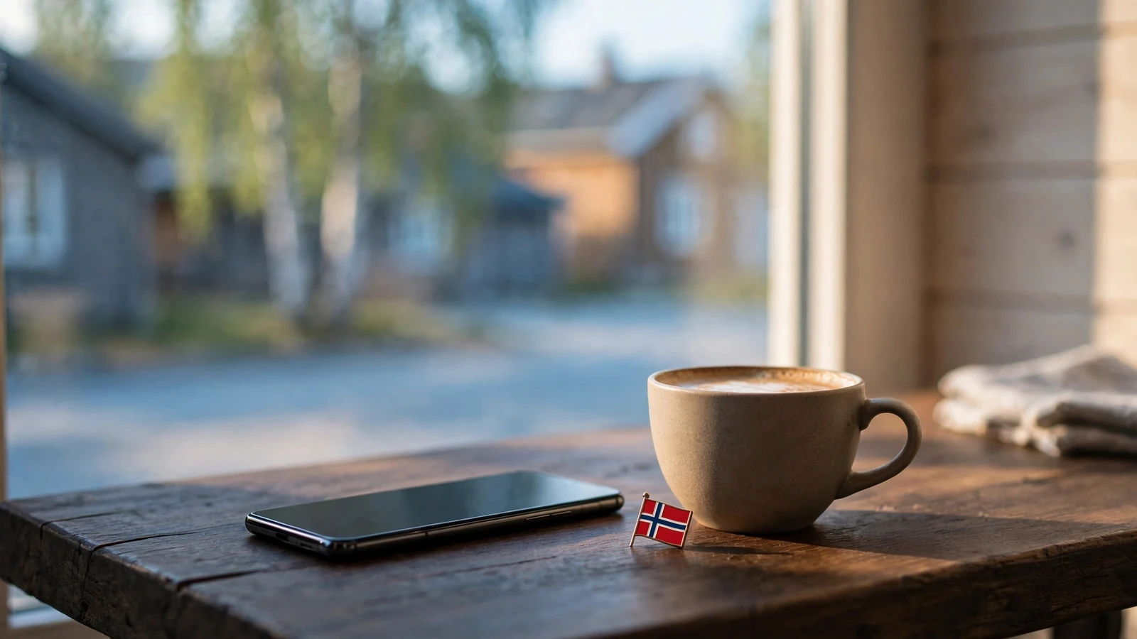 Smarttelefon på et norsk bord ved siden av en kopp kaffe