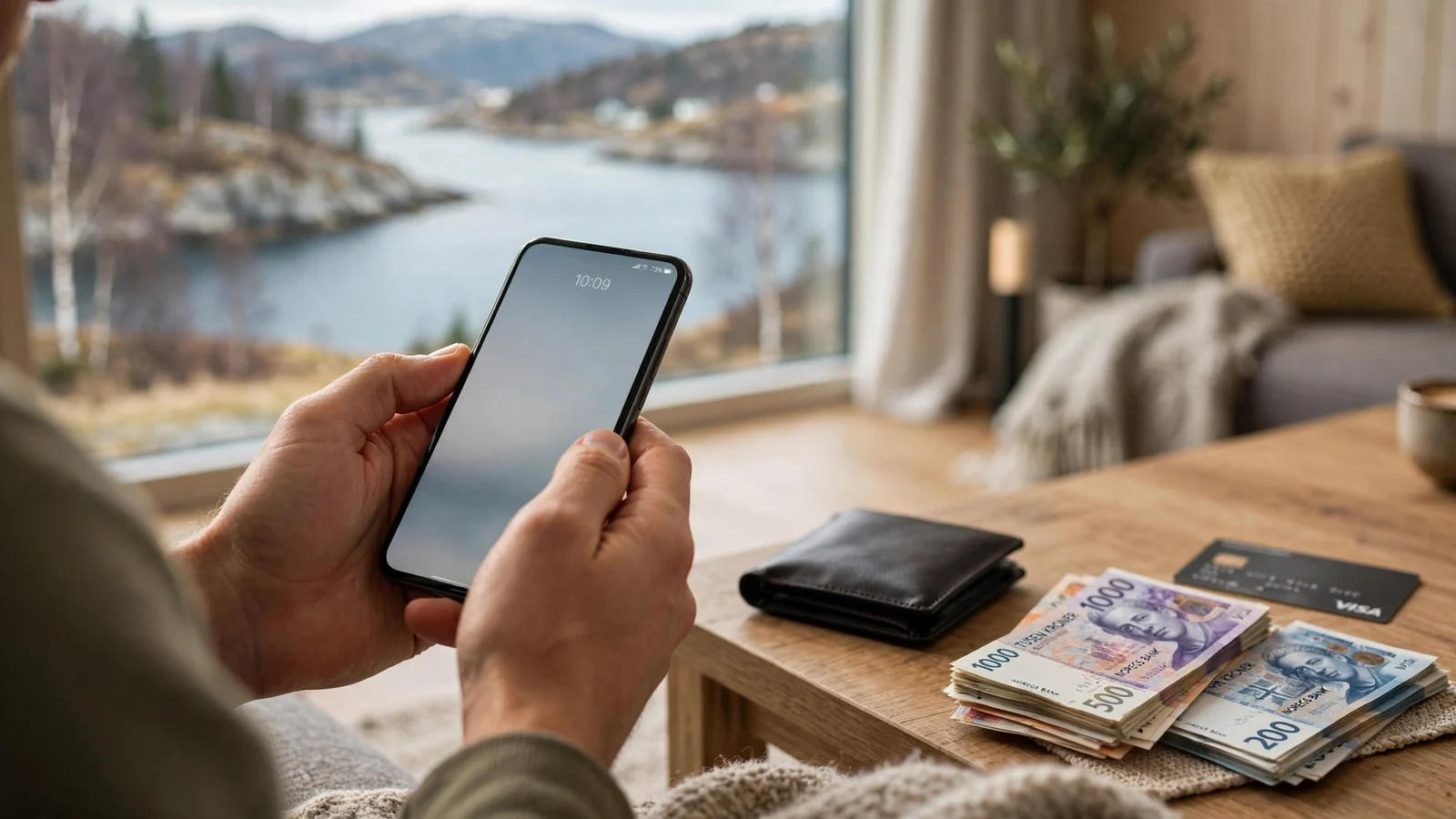 Hendene holder en smarttelefon med lommebok og norske kroner på bordet