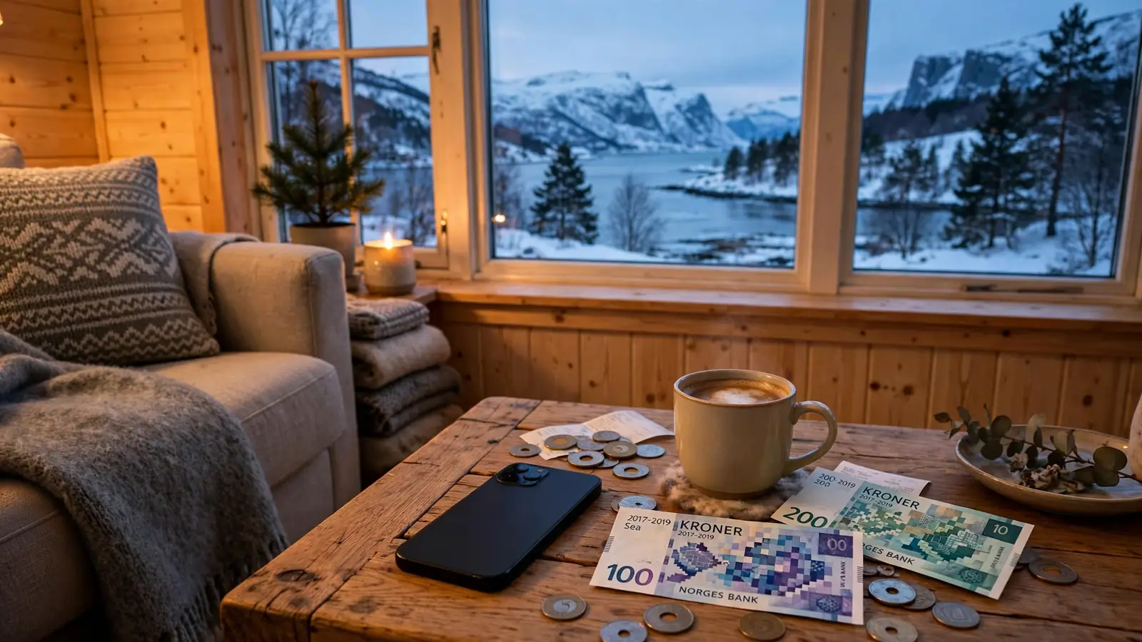 Norsk stue med telefon, kaffekopp og kontanter ved siden av et vindu med fjordutsikt
