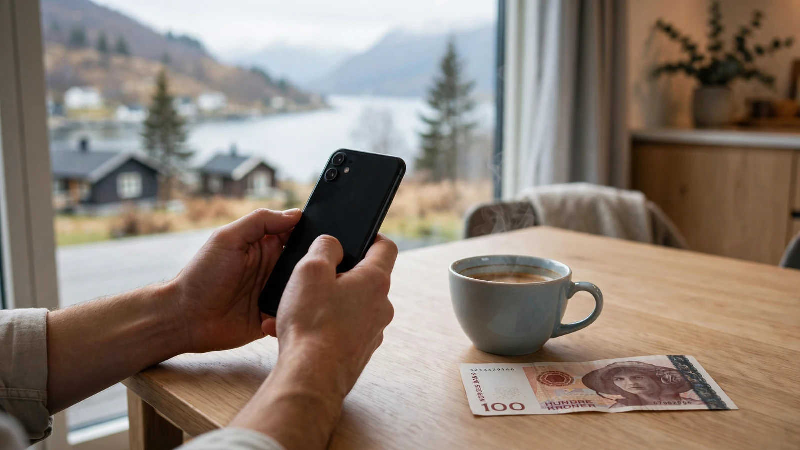 Person som håndterer mobilenhet med kaffekopp ved vindu med norsk fjordutsikt