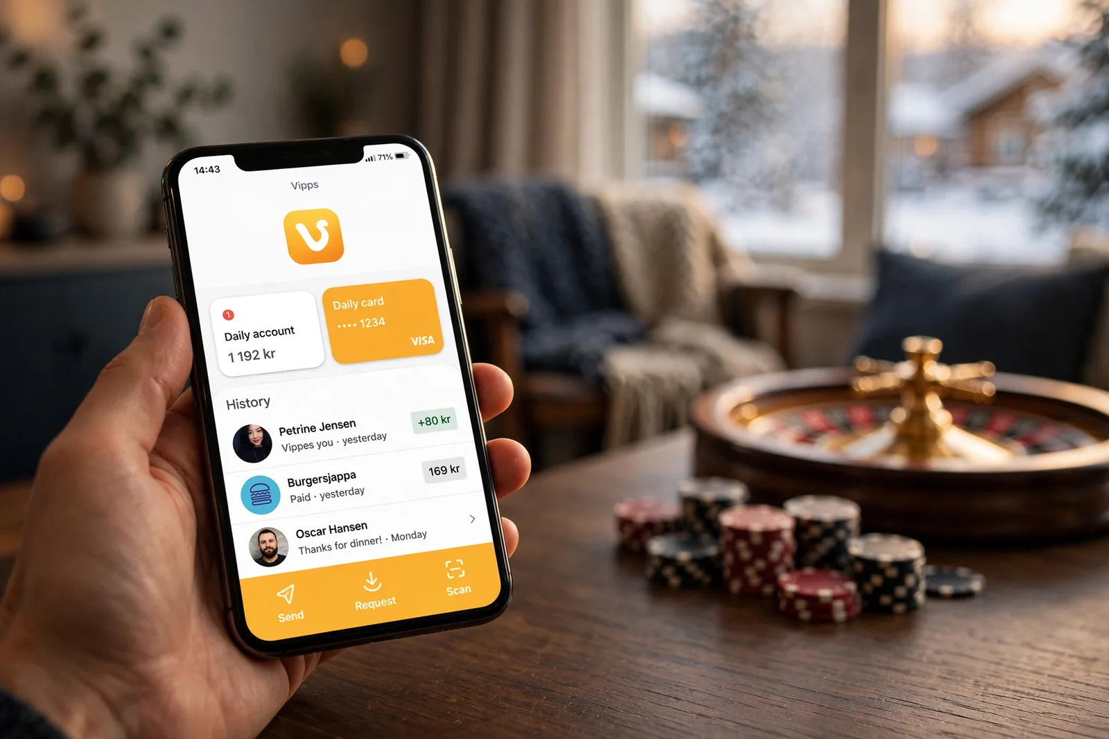Hånd holder mobiltelefon med Vipps-betaling, casinobrikker i bakgrunnen