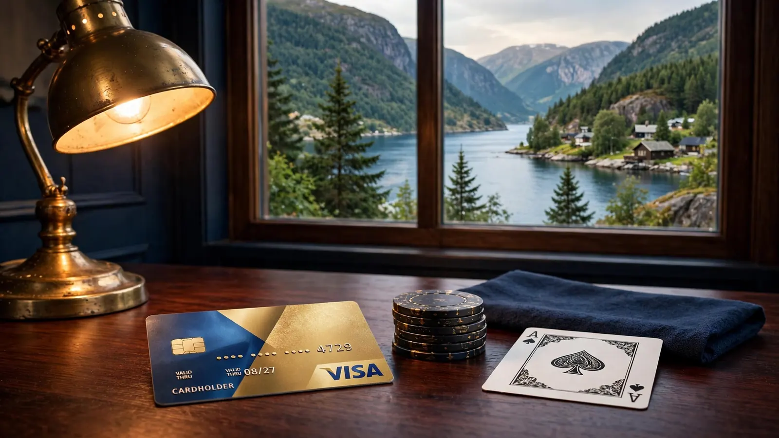 Visa-kort med casinobrikker og ess på norsk bord