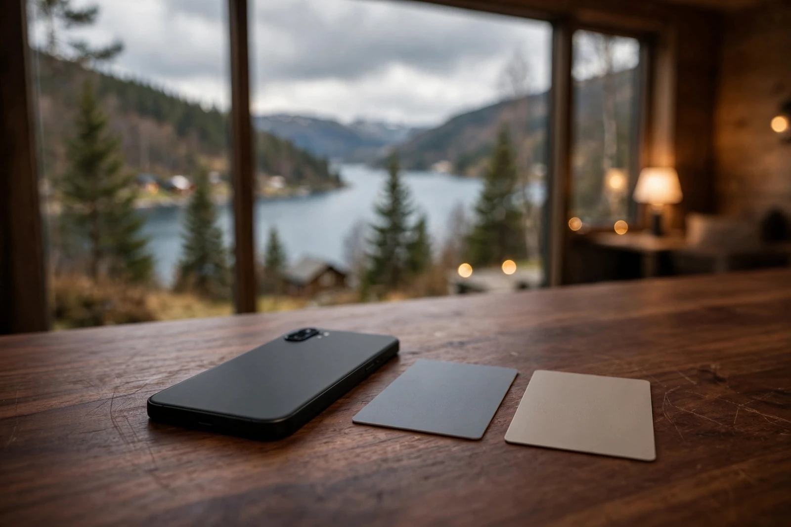 Smarttelefon og generiske betalingskort på bord med norsk fjordlandskap i bakgrunnen