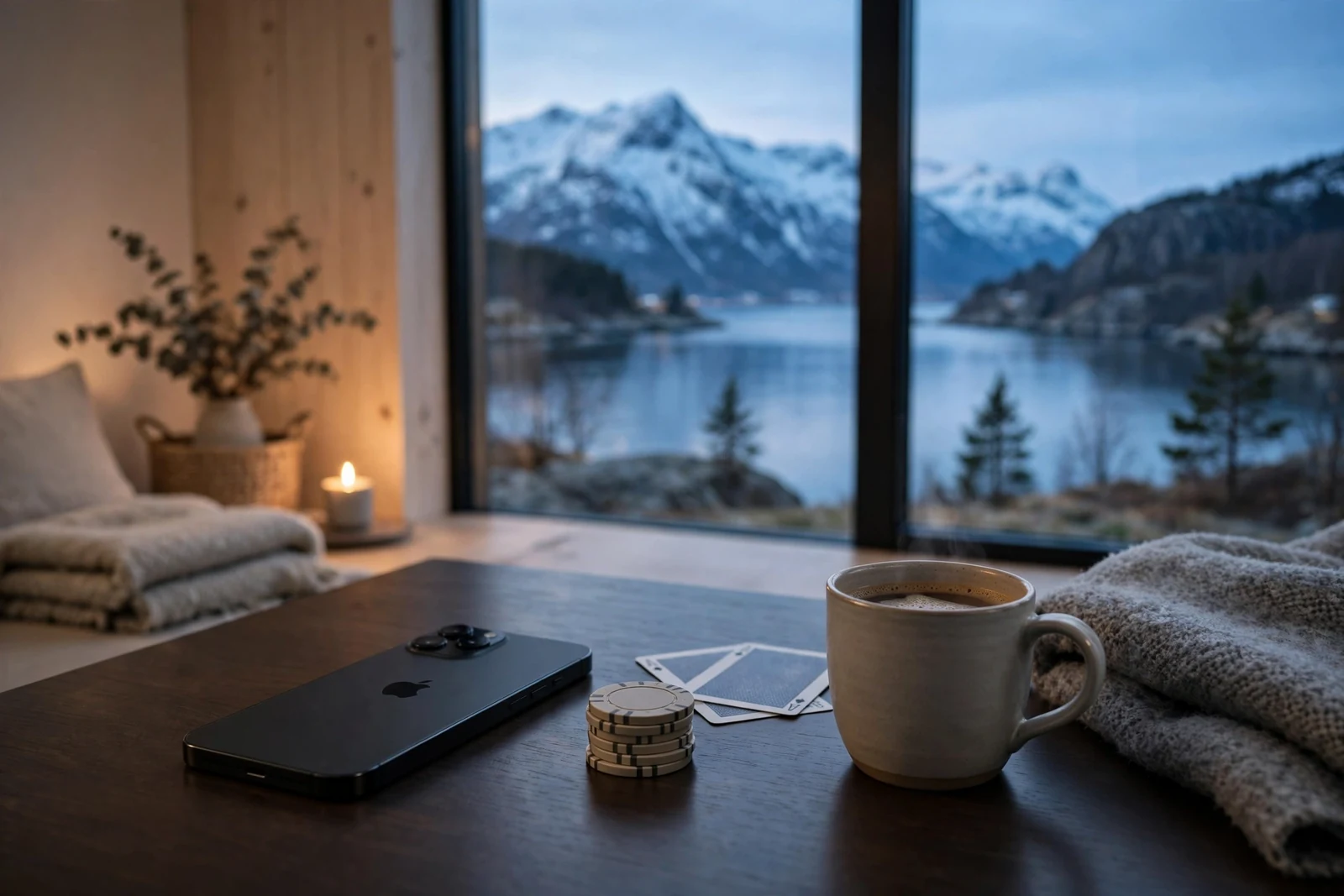 iPhone på mørkt bord i moderne norsk stue med pokerjetonger og spillkort ved siden av