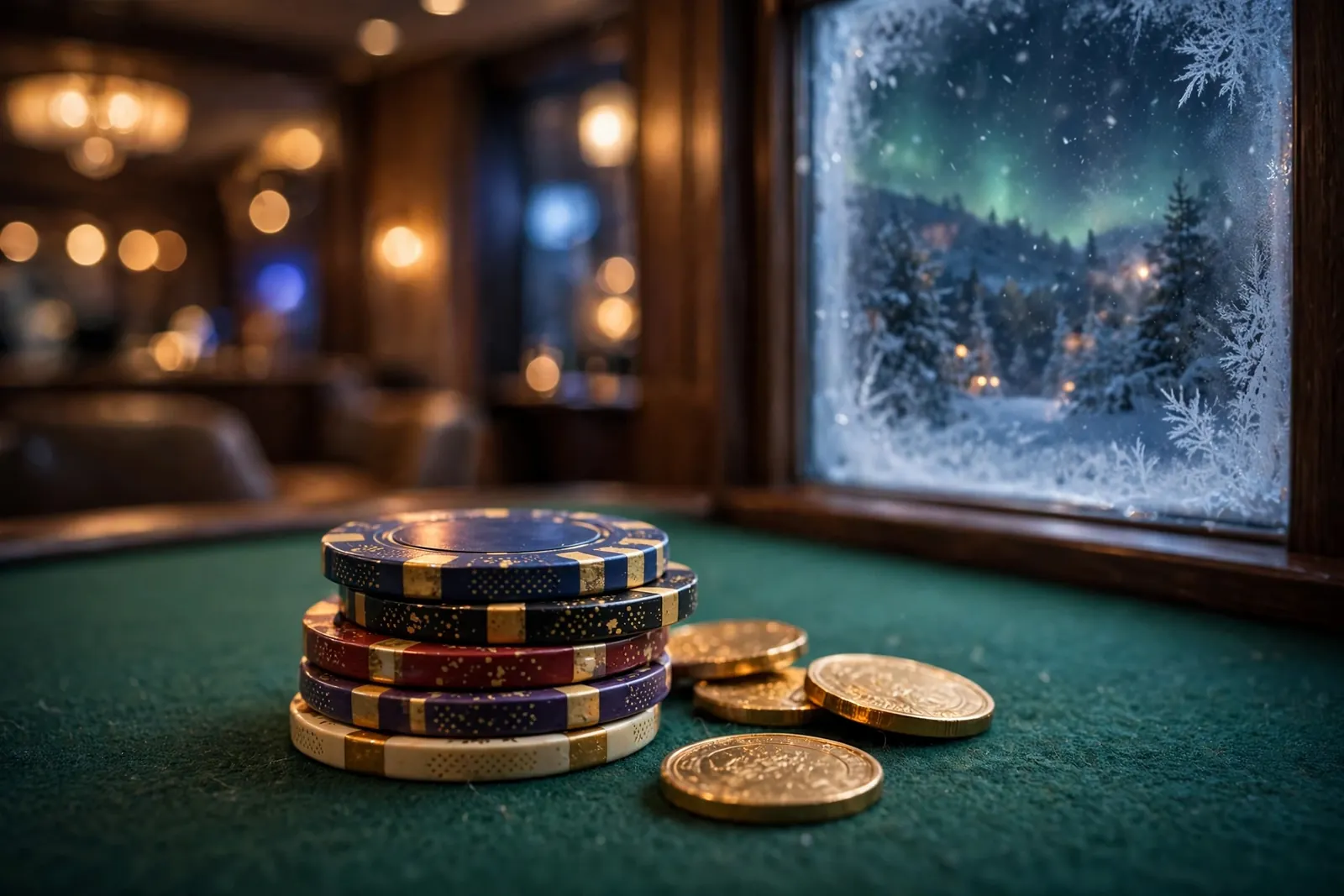 Stable med casinobrikker og gullmynter i en norsk casinolounge