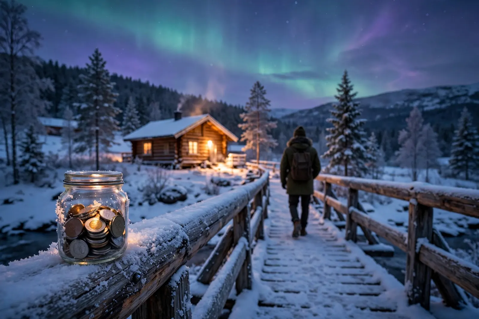 Ensom reisende på en snødekt bro i Nord-Norge under nordlyset, med en krukke med mynter på rekkverket.