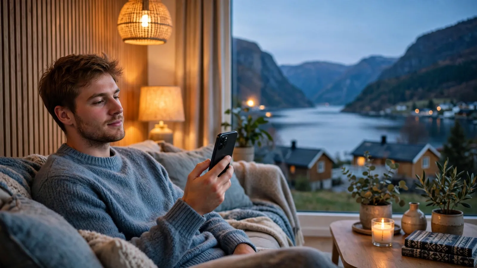 Nordmann som slapper av hjemme med mobiltelefonen i hånden