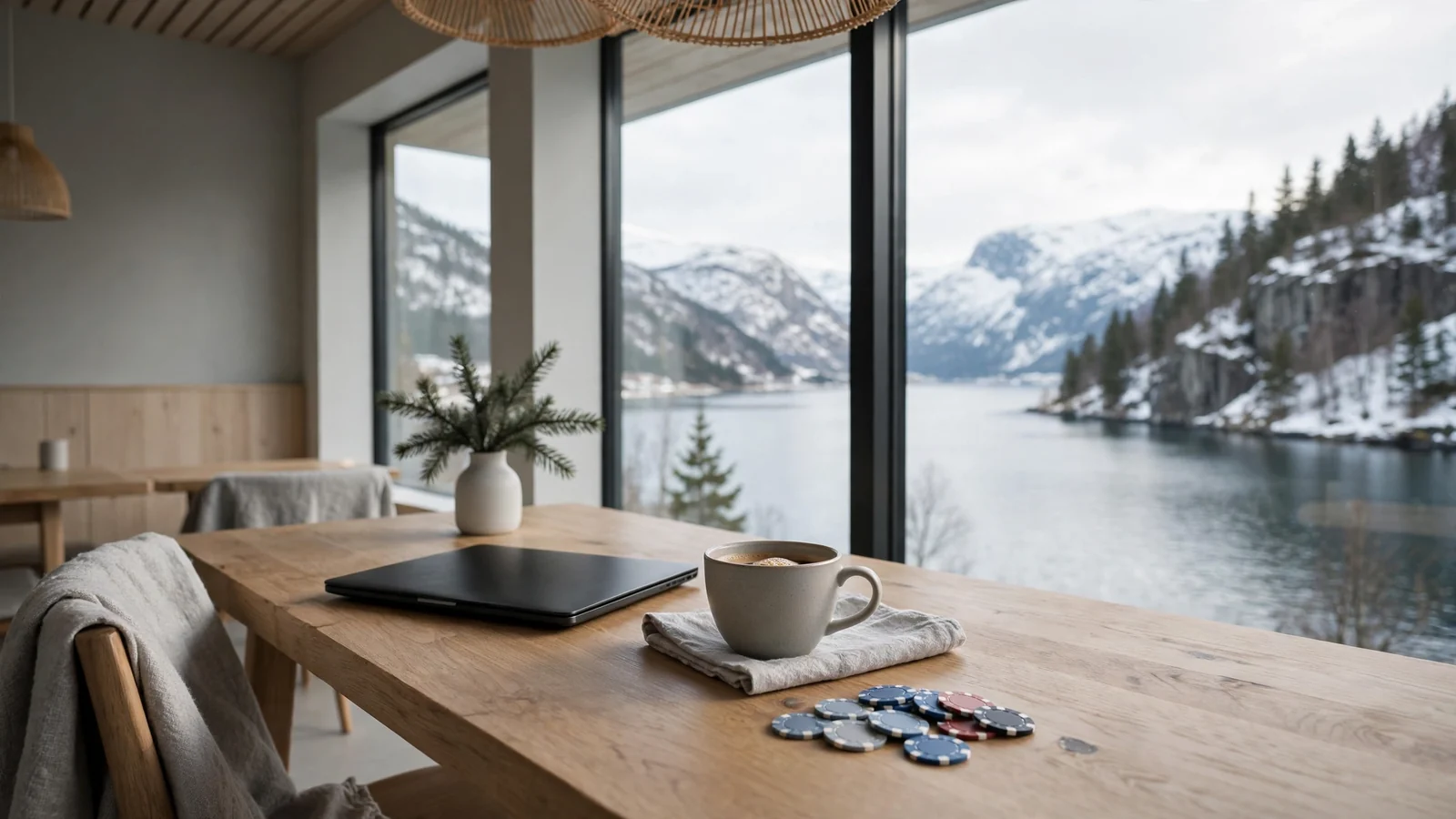 Moderne norsk kafé med lukket bærbar PC, kaffekopp og casinobrikker på bordet