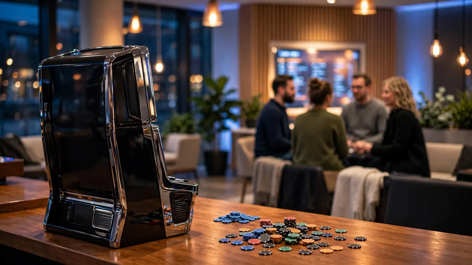 Moderne norsk casinolounge med spilleautomat og turneringsstemning