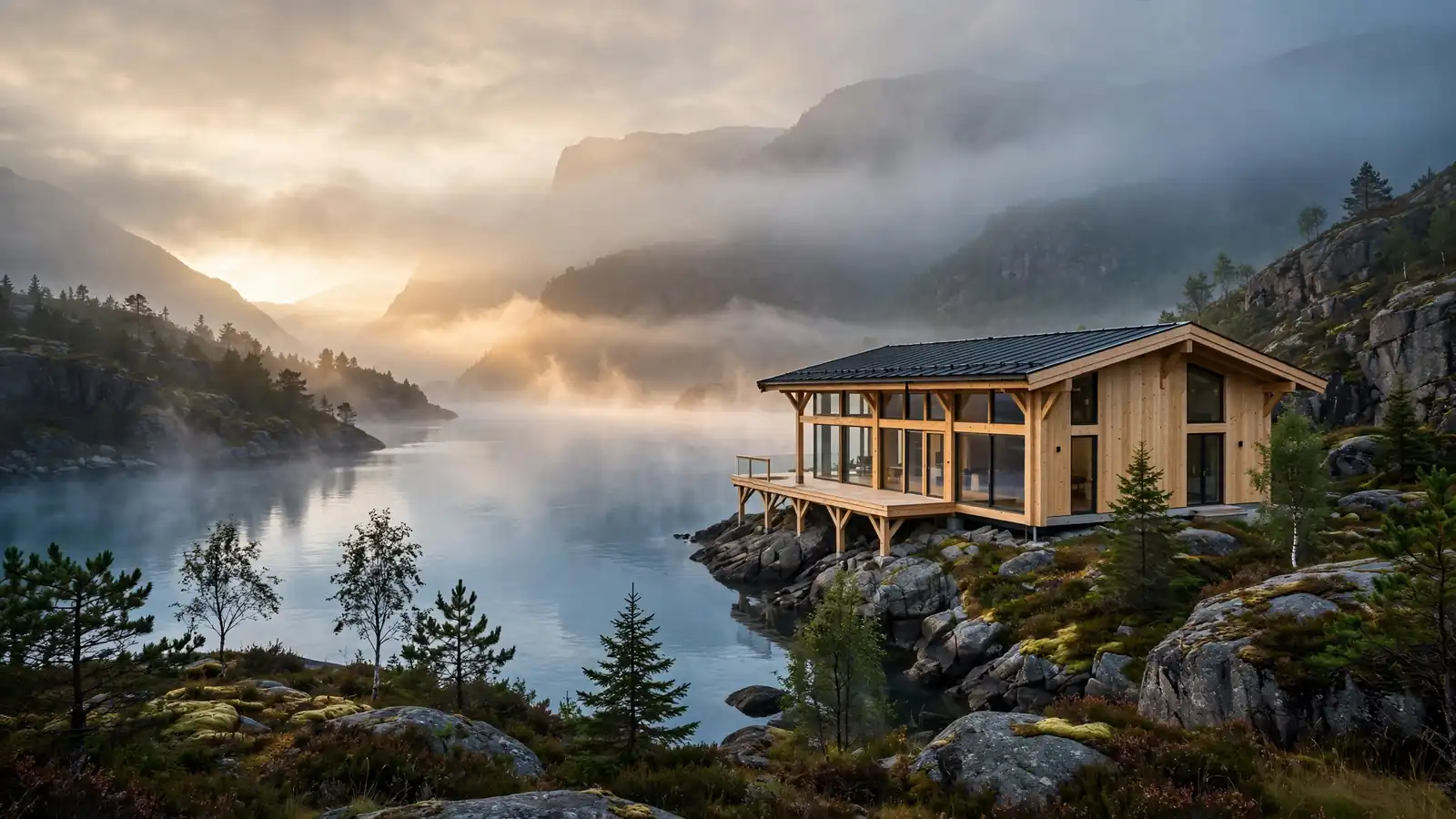 Et nytt moderne trehus ved en norsk fjord i tåkedisen ved daggry