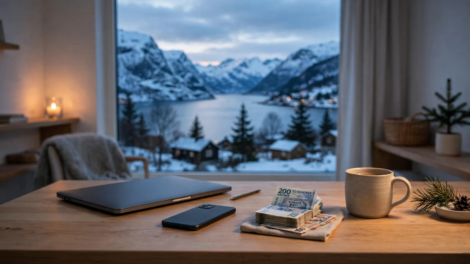 Moderne norsk hjemmekontor med laptop, kontanter og utsikt over fjord