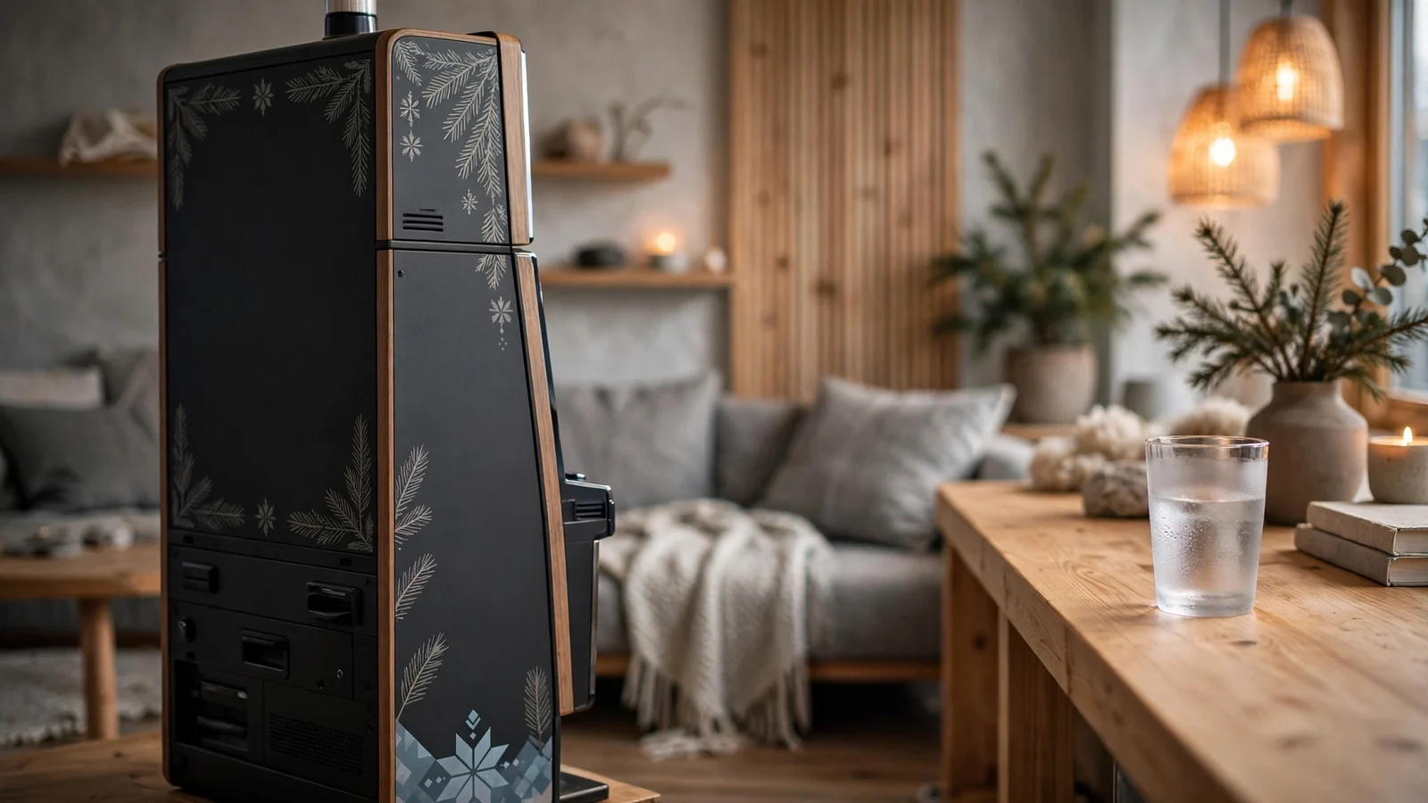 Moderne norsk spilleautomat i en koselig skandinavisk lounge