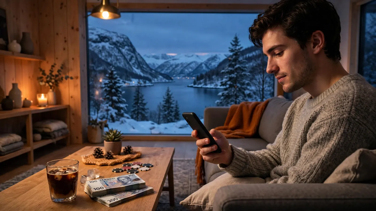 Person med telefon i norsk stue med kroner og jetonger