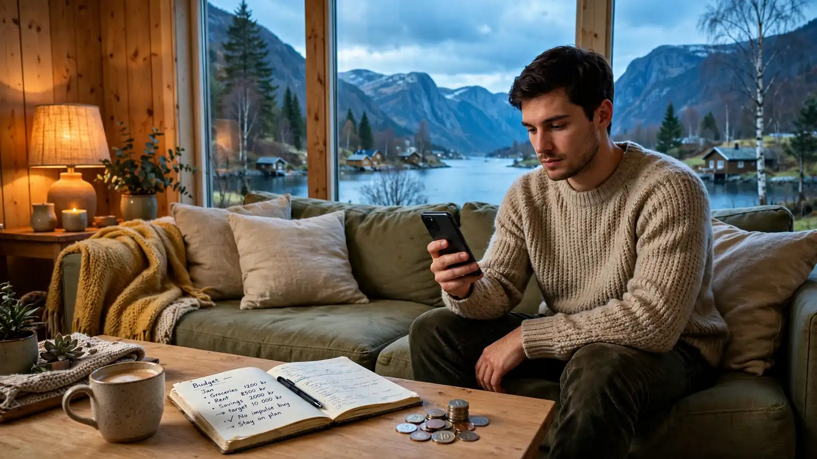 Person i stue med telefon vendt bort, kaffekopp og notatbok på bordet