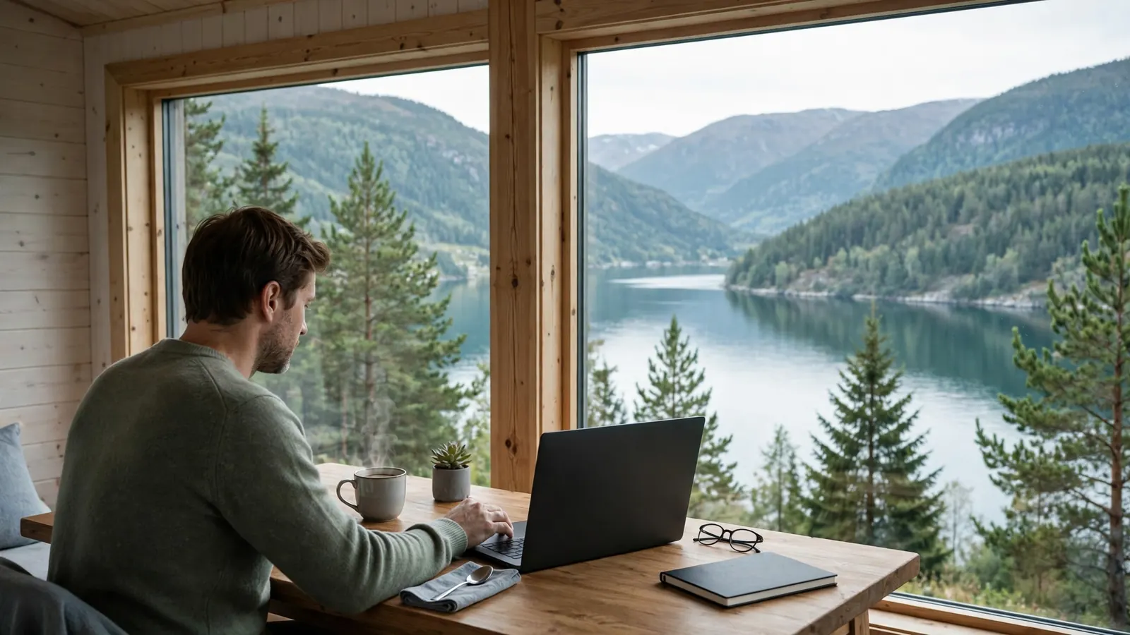 Person ved skrivebord med laptop, utsikt over norsk fjord, rolig atmosfære