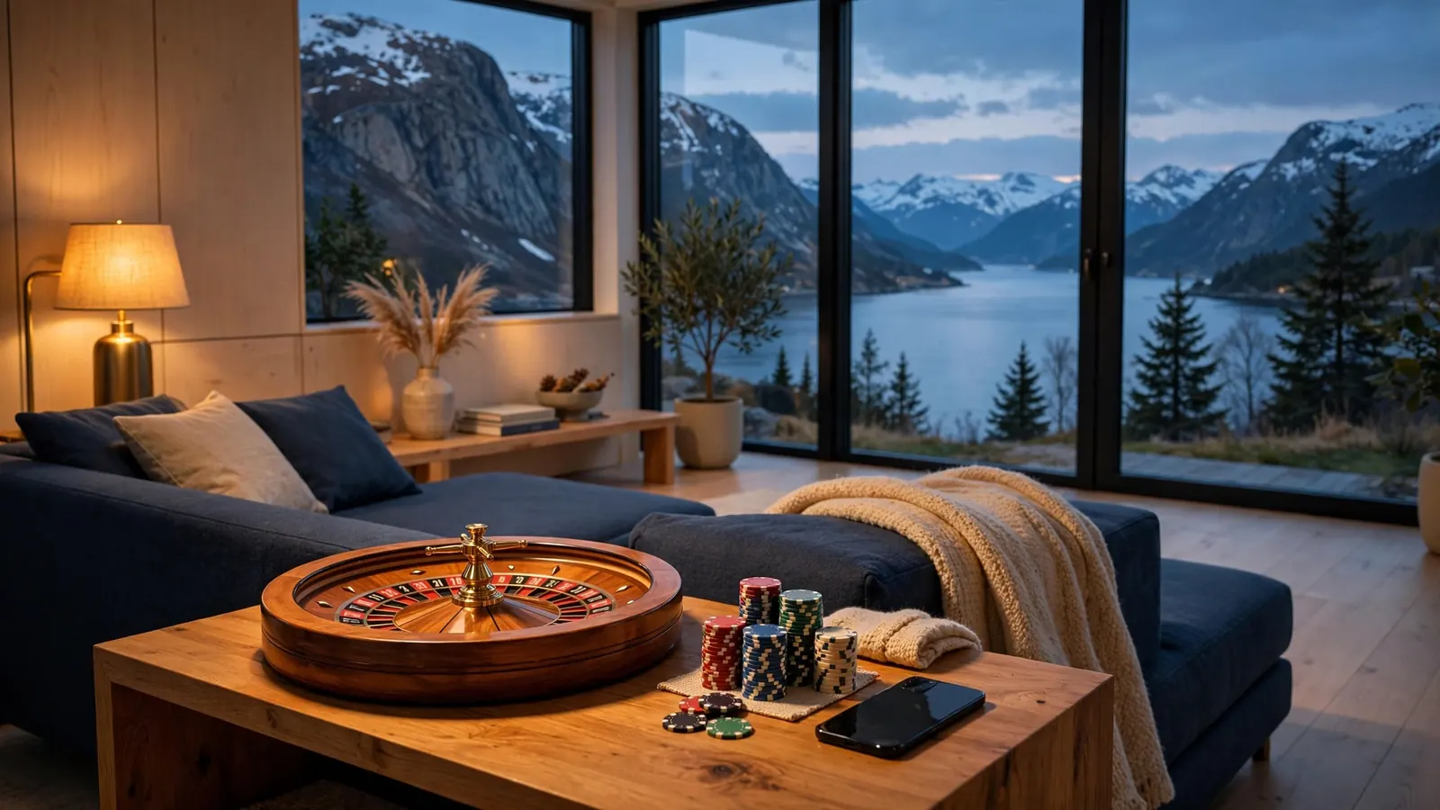 Koselig norsk stue med fysisk roulettehjul og jetonger ved vindu mot fjord.
