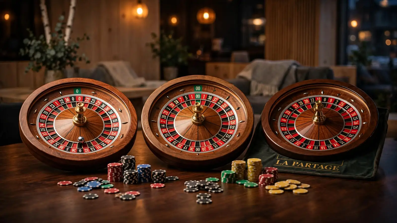 Tre rulettvarianter side om side med casinobrikker på bord