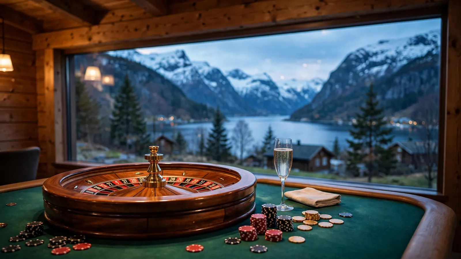 Roulettehjul og jetonger på et kasinobord med norsk fjord i bakgrunnen