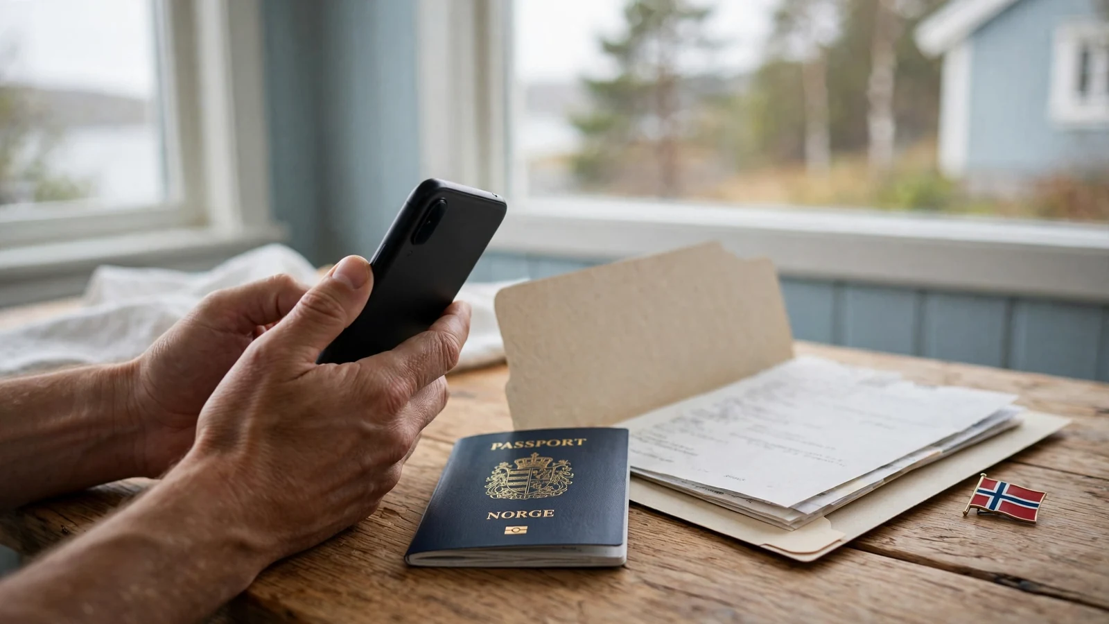 Hendene holder en telefon med norske dokumenter og pass på bordet