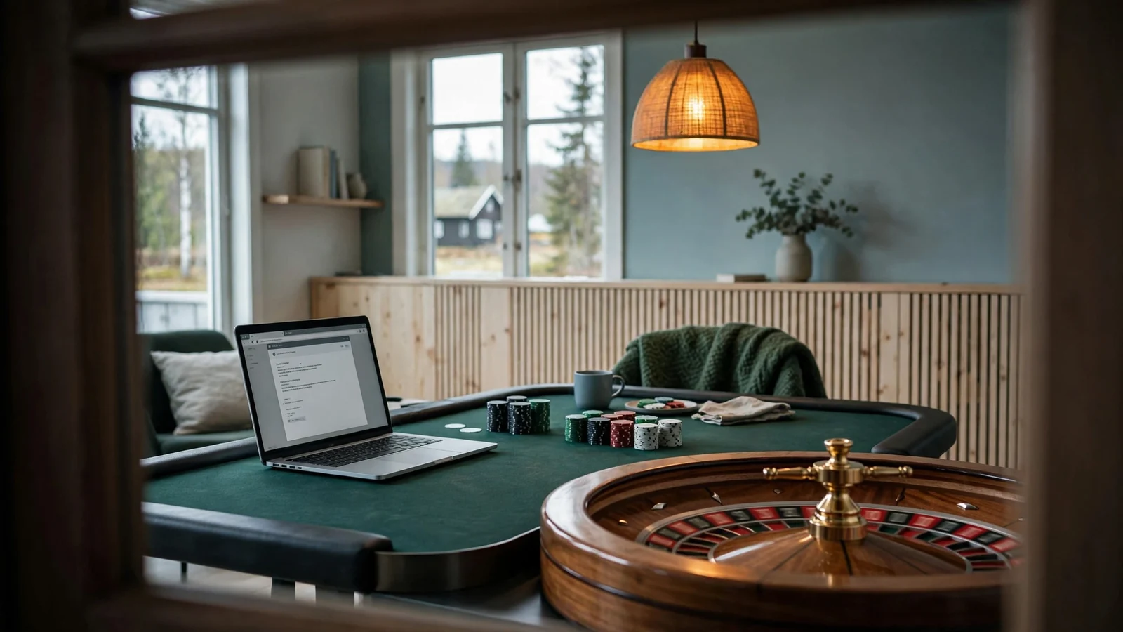 Moderne casinospillbord med jetonger og rulett i norsk interiør