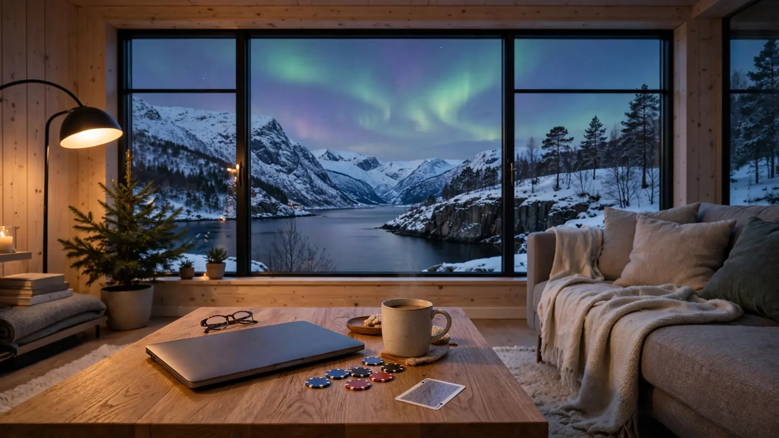 Moderne norsk stue med laptop, jetonger og utsikt over fjord