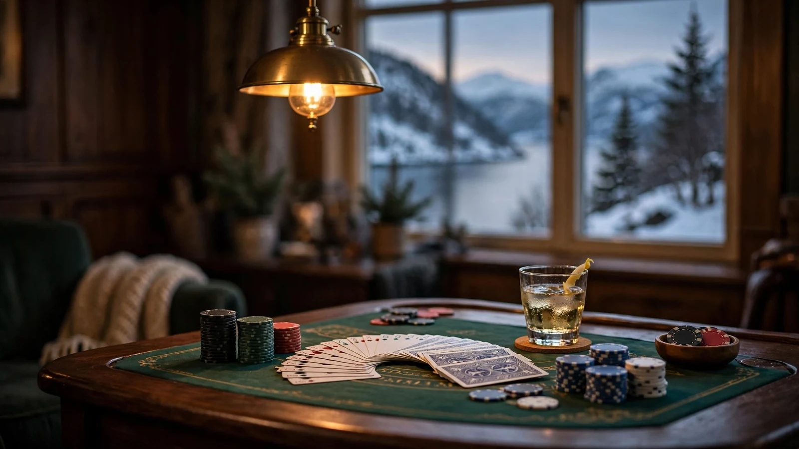 Blackjack-bord med jetonger og kort i en norsk lounge