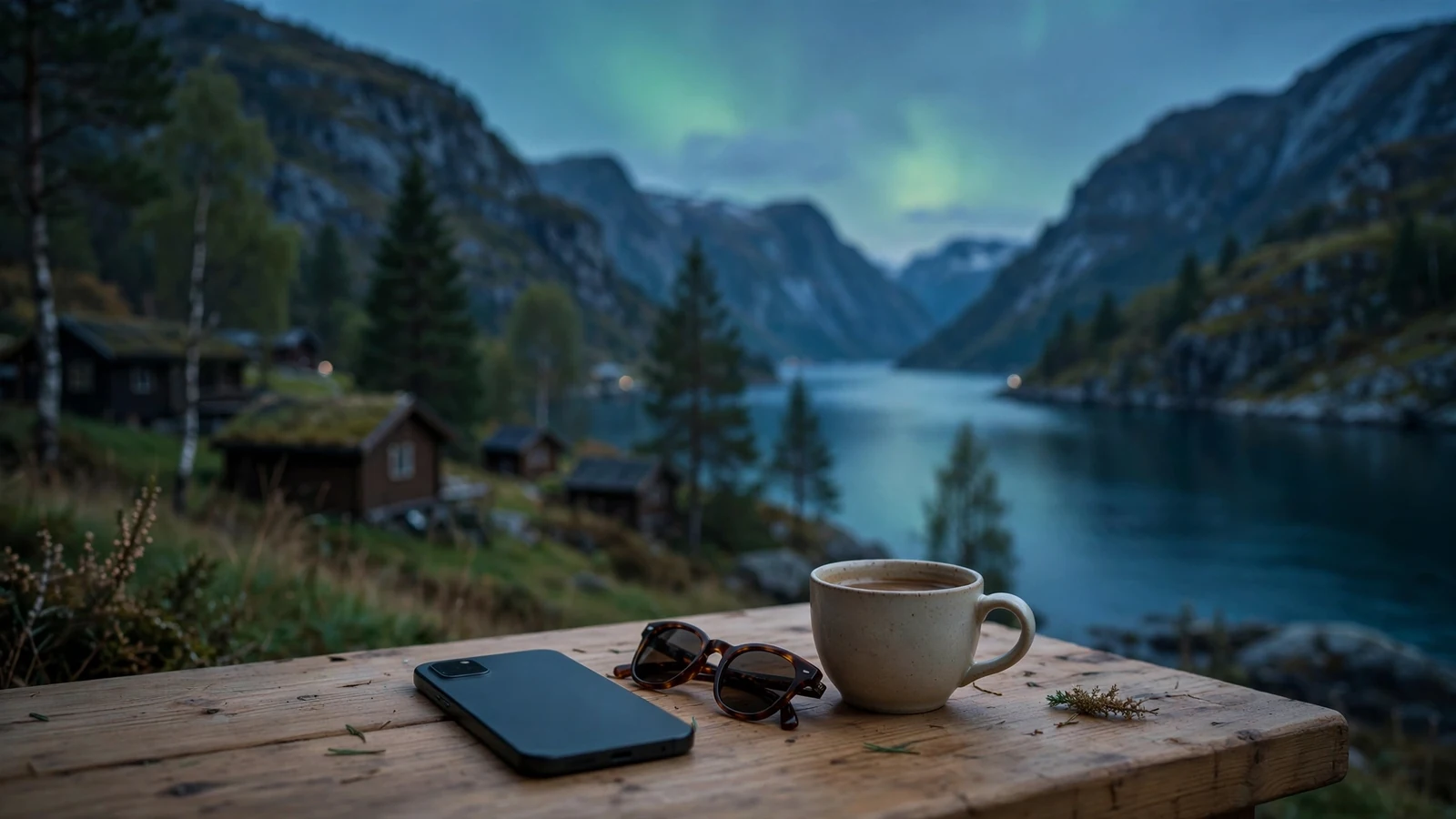 Norsk smartphone vendt ned ved siden av kaffe med nordlys over fjord i bakgrunnen