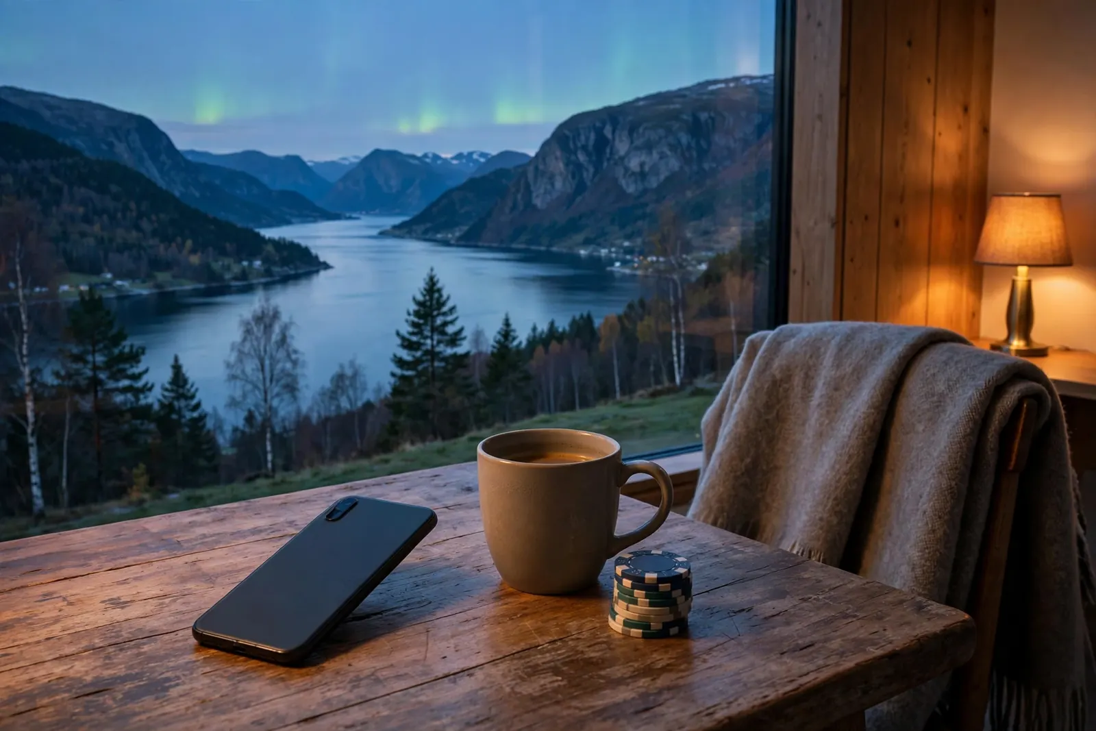 Smarttelefon på trebord foran panoramavindu med norsk fjord og nordlys