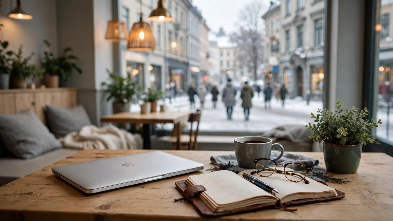 Stille norsk kafé med notatbok og kaffe ved vinduet