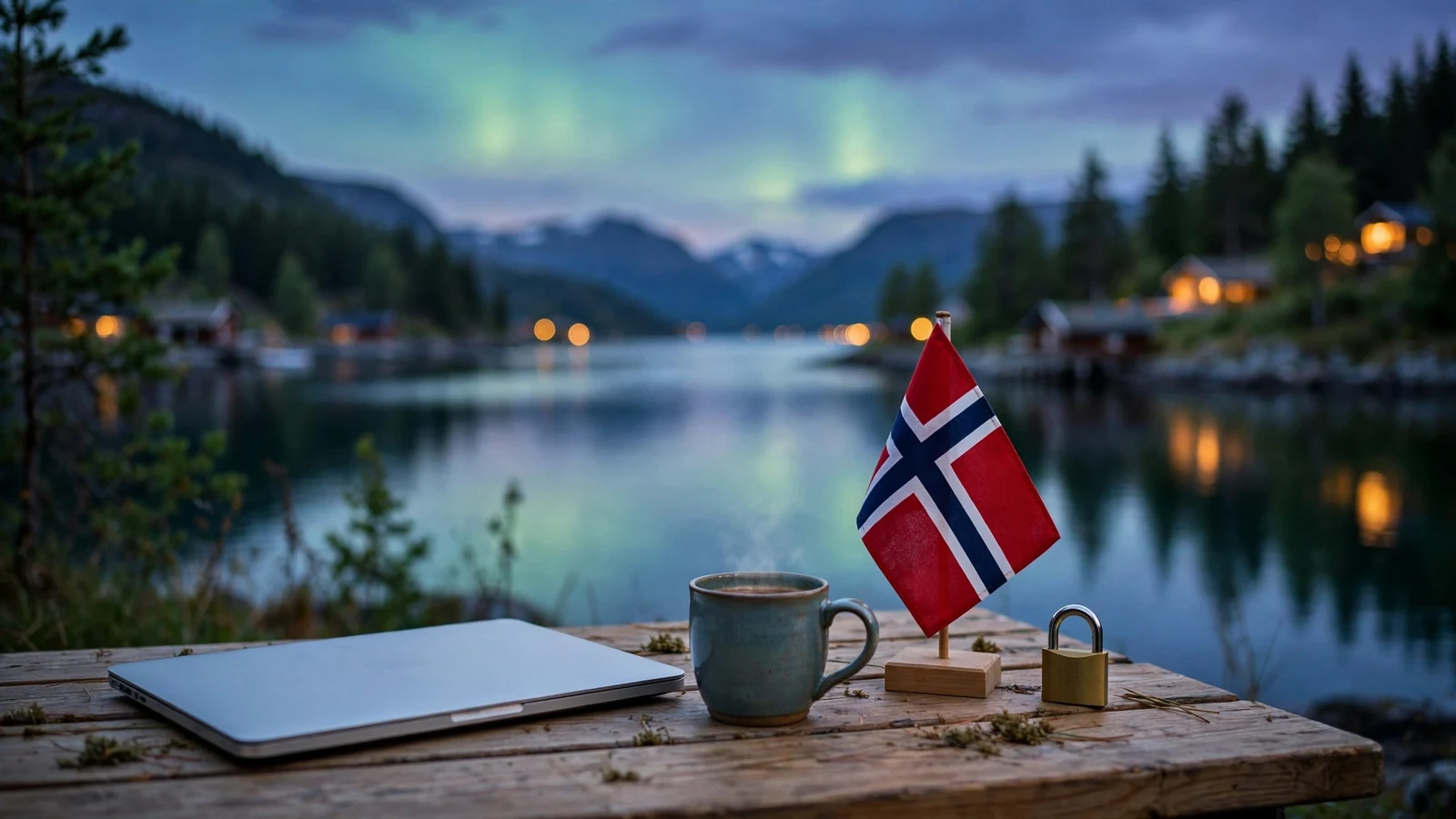 Rolig norsk fjord ved skumring med lukket laptop og hengelås på bordet